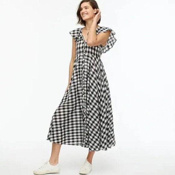 J. Crew Black & White Gingham Check Button Up Flowy Ruffle Midi Maxi Dress NWT - Picture 1 of 15